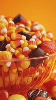 Colorful assortment of Halloween candy fills a glass bowl on an orange background photo