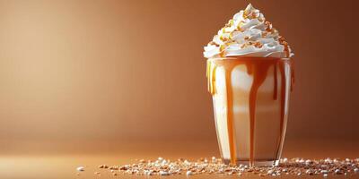Creamy caramel milkshake topped with whipped cream and drizzled with sauce in a warm setting photo
