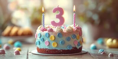 Colorful birthday cake for a third birthday celebration with candles and decorations in a warm setting photo