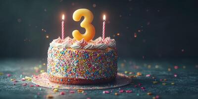 Birthday celebration with a colorful cake featuring a golden number three and candles in a festive setting photo
