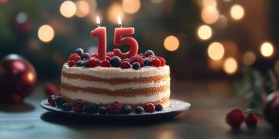 Festive celebration of a 15th birthday with a creamy cake adorned with berries and candles photo