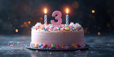 Birthday cake with decorations and candles celebrating a child's third birthday photo