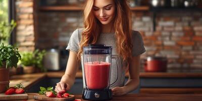 Enjoying a refreshing strawberry smoothie preparation in a cozy kitchen setting photo