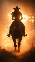 Rider silhouette against a glowing sunset with dust swirling around horse and cowboy hat photo