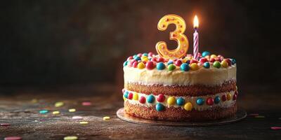 Celebrating a joyful third birthday with a colorful cake adorned with a candle in a cozy setting photo