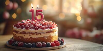 Celebration of a special birthday with a delicious cake adorned with candles and fresh berries photo