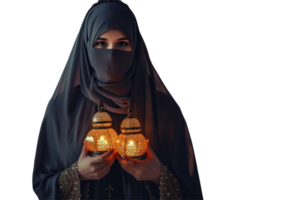 A woman in a hijab holding two lanterns png