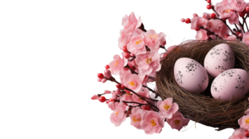 Easter eggs in a nest with pink flowers png