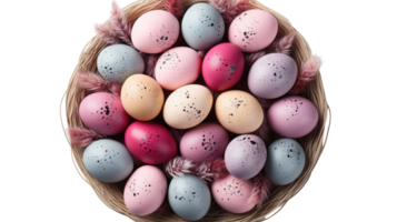 A basket filled with colorful eggs on a black background png