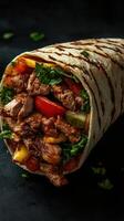 Savory grilled meat wrap filled with fresh vegetables and herbs served on a dark background photo