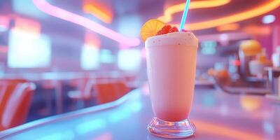 Refreshing milkshake in a retro diner during neon-lit evening hours with vibrant colors and lively atmosphere photo