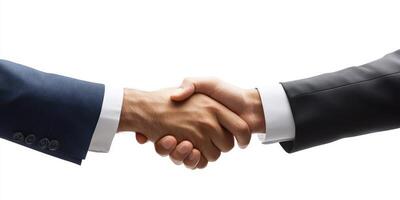 Two business professionals engaging in a firm handshake to signify a successful agreement or partnership photo