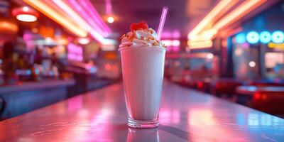 Colorful milkshake served in a glass with cream and cherry in a retro diner setting during nighttime photo