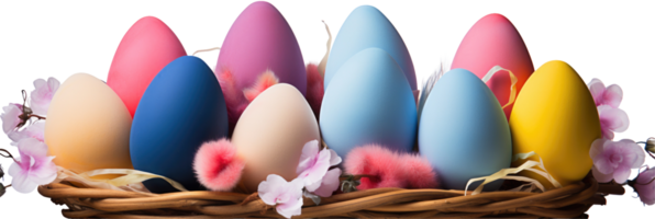 A basket with several colorful eggs in it png