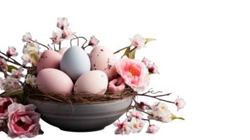 Easter eggs in a nest with flowers on a black background png