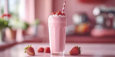 Strawberry milkshake topped with whipped cream and berries in a cozy kitchen setting photo