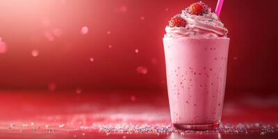 Creamy strawberry shake topped with whipped cream and sprinkles against a vibrant red background photo