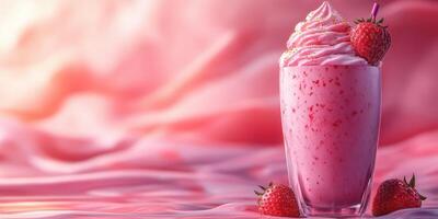 Delicious strawberry cream shake served in a glass with fresh strawberries on a pink background photo