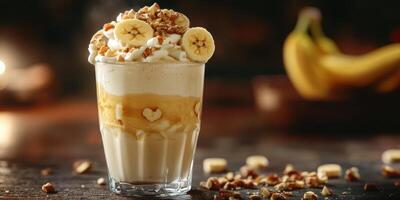 Creamy banana dessert topped with whipped cream and nuts served in a glass in a cozy setting photo