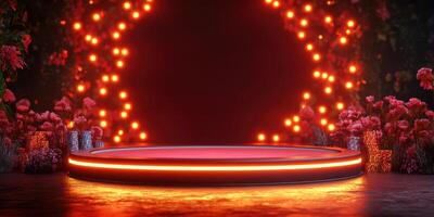 Vibrant illuminated stage surrounded by flowers in a festive atmosphere at night photo