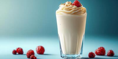 Delicious creamy dessert topped with whipped cream and fresh raspberries on a vibrant blue background photo