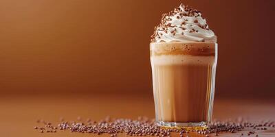 Indulgent chocolate beverage topped with whipped cream and chocolate shavings in warm setting photo
