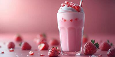 Delicious strawberry milkshake with fresh strawberries on a pink background photo