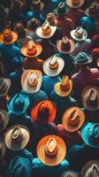 Crowd of individuals wearing various hats at an outdoor event in a sunlit setting, showcasing vibrant colors and unique styles photo