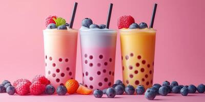 Colorful bubble tea drinks with fresh fruits on a pink background at a lively cafe setting for a summer refreshment photo