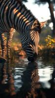 Zebra drinking water in serene habitat during golden hour with gentle reflections on the surface photo