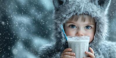 Young child in cozy wolf costume enjoying a cold drink during a snowy winter day photo
