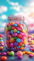 Colorful candy jar filled with vibrant sweets creates a cheerful atmosphere outdoors on a sunny day photo