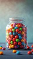 Colorful candy jar filled with vibrant candies placed on a wooden surface in soft natural light photo