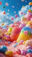 vistoso caramelo paisaje con pastel dulces debajo brillante azul cielo y mullido nubes foto