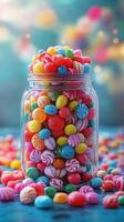 Colorful candy jar filled with assorted sweets and candies on a vibrant background photo