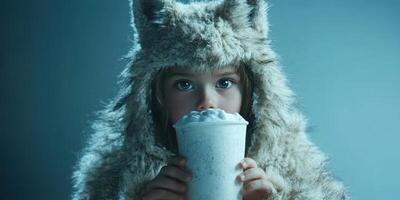 Child in furry wolf costume enjoys creamy beverage in a dimly lit room during a playful winter evening photo