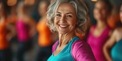 Smiling elderly woman enjoying a lively dance class in a vibrant studio during the daytime photo
