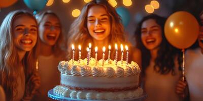 Friends celebrate a birthday with a cake adorned with candles in a festive setting photo