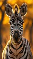 Striking zebra stands majestically against a golden sunset in a natural habitat during evening hours photo
