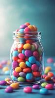 Colorful candy jar overflowing with vibrant chocolate candies on a blue background photo