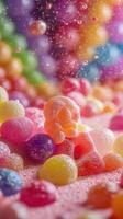 vistoso caramelo arreglo caracteristicas un en forma de calavera dulce entre vibrante pegajoso trata en un juguetón monitor foto