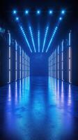 Dramatic blue-lit corridor with glowing lights creating a futuristic atmosphere at night photo