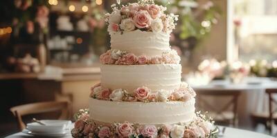 Elegant three-tier wedding cake adorned with fresh roses in a beautifully decorated venue photo