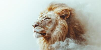 Majestic lion with flowing mane stands proudly amidst soft clouds at sunset in the savannah photo