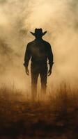 Cowboy silhouette walks through dusty landscape at sunset with dramatic lighting and atmospheric fog photo