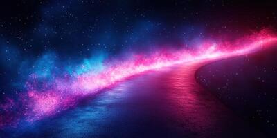 Vibrant cosmic pathway illuminated in shades of pink, blue, and purple under a starry night sky photo