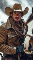 Cowboy posing with horse in snowy landscape during winter afternoon photo