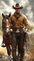 Cowboy walks alongside horse in rugged terrain during golden hour in a western landscape photo