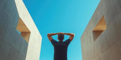 Man stands in open space between concrete structures under clear blue sky during sunny daytime photo