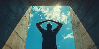 Person enjoying a moment of reflection under a clear blue sky in an urban setting during the day photo